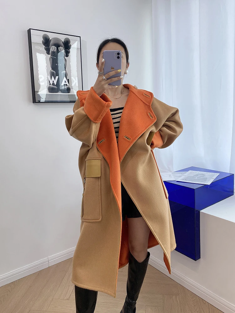 New Orange Cashmere Water Ripple Double Sided Cloth Coat Silhouette Long Fall Winter Coat Women