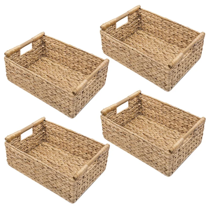 

4X Small Wicker Baskets For Organizing Bathroom, Hyacinth Baskets For Storage, Wicker Storage Basket With Wooden Handle