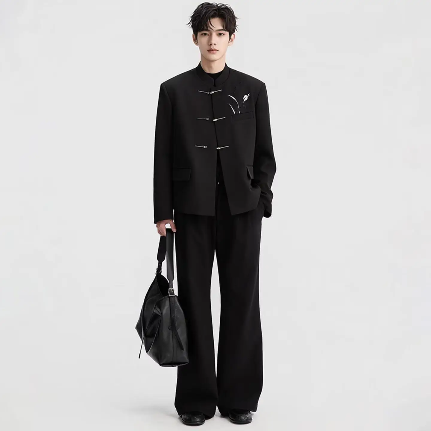 New Chinese Style Men's 18 Year Old Adult Ceremony Stand Collar Suit Wedding Men's Clothing Casual Loose Fit Polyester Fiber