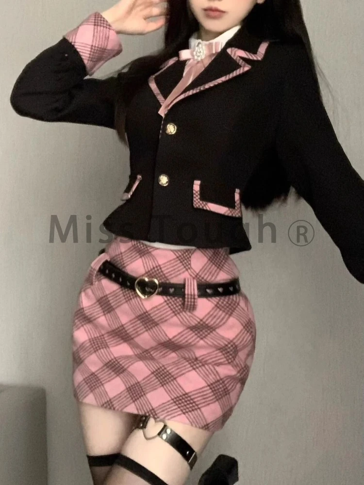 Autumn Japanese Chic Sweet New 3 Piece Set Women Cute Coat +Solid Shirt + Plaid Skirt Female Pretty Harajuku Y2k Pretty Set 2024