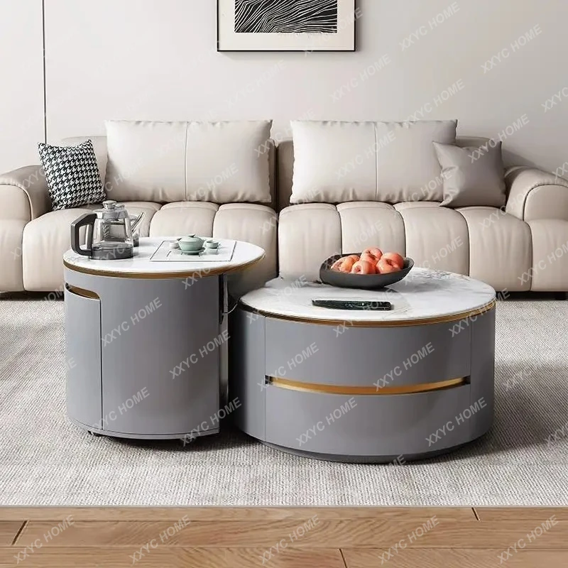 H Modern multi-functional tea table size round rock slab coffee table combination