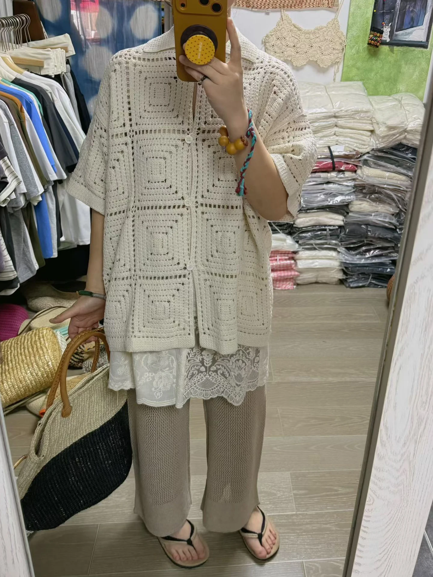 

Retro Lace Knitted Hollow Straight Leg Pants plus Size Women's Clothing Oats Color Spring Summer Series Infinite Style