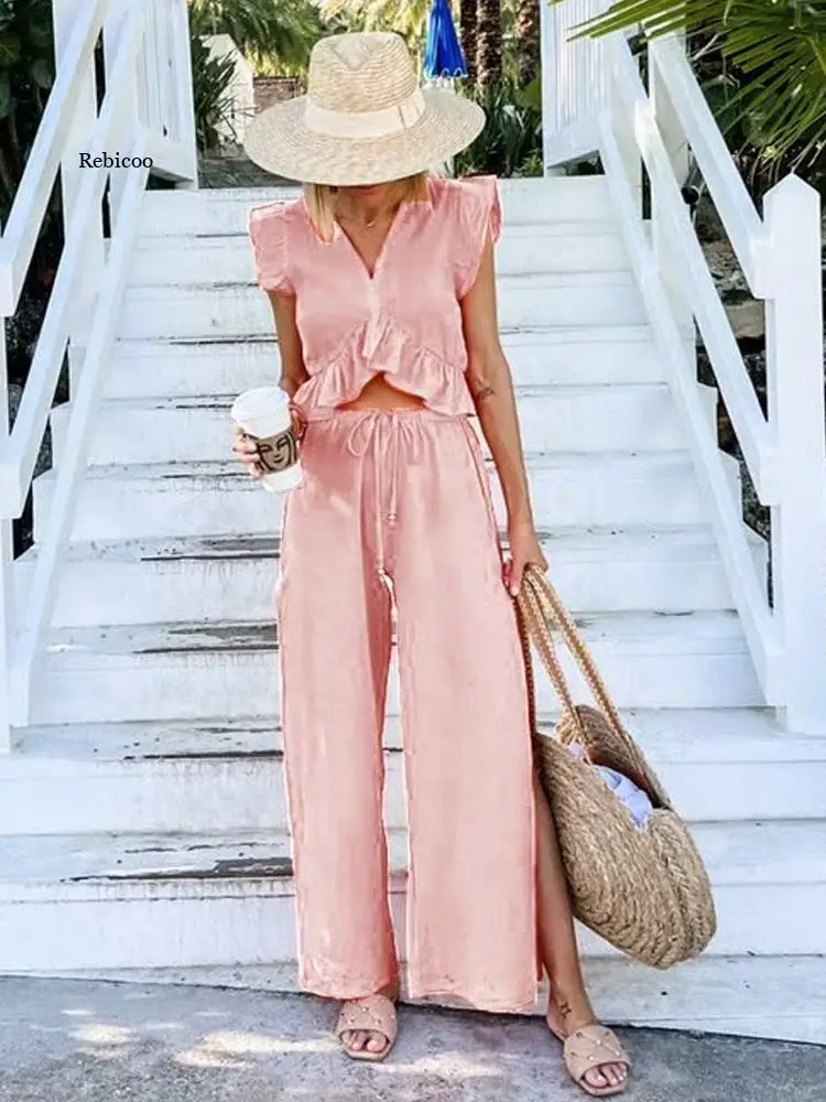 

Two Piece Set Women High Waist Trouser Sets Causal Solid Slim V-neck Short Sleeve Ruffle Shirts Straight Pants Office Lady Suit