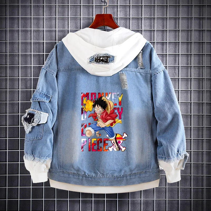 New One Piece Anime Denim Sweater Luffy Zoro Ace Cartoon Print Surrounding Spring and Autumn Denim Jacket for Men and Women