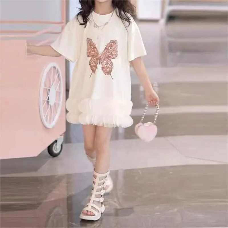 Girl's Sparkling Butterfly T-shirt Skirt 2024 Summer Printed Long Skirt Children's Summer Dress Girls Clothes Vestido Niña image 3