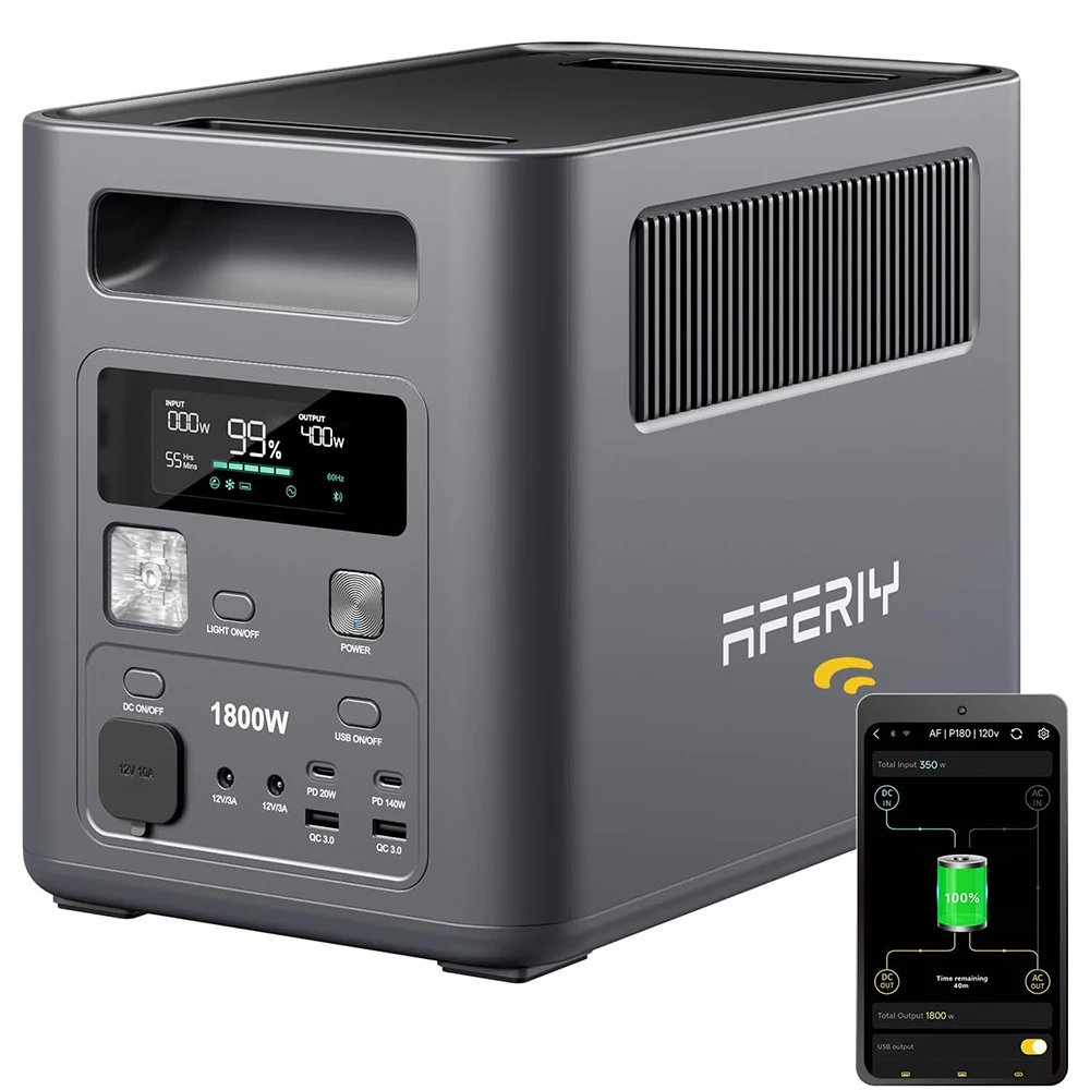 Station d'alimentation portable AFERIY P180, 1800W, 1024Wh, batterie LiFePO4, BMS, charge rapide en 1 heure, générateur solaire pour stockage d'énergie domestique