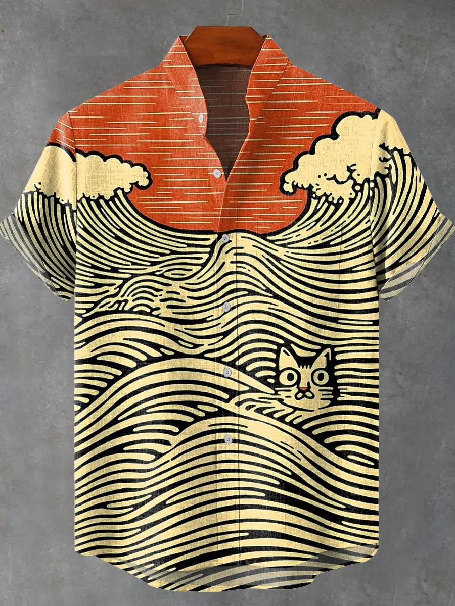 

Trendy art design 3D printing casual new linen shirt, cat series shirt, comfortable breathable button up collar top