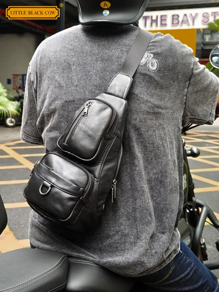 

Fashion Mens Vintage Motorcycle Biker Cowhide Genuine Leather Chest Bag Casual Multi Pockets Strap Shoulder Bag Crossbody Bags