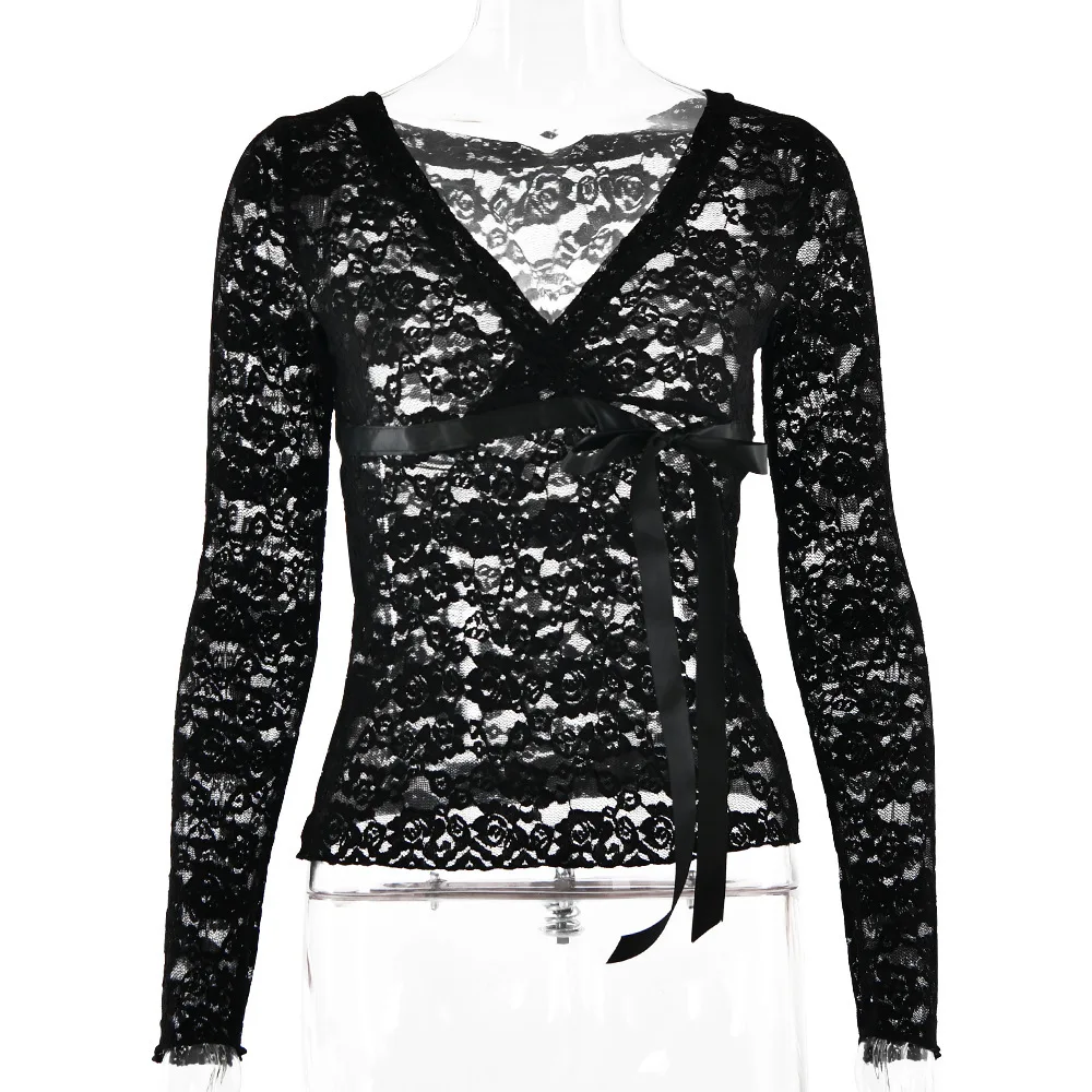 Spring And Summer New Lace Sheer V-Neck Top For Women Fashionable Sexy Tight-Fitting Versatile T-Shirt