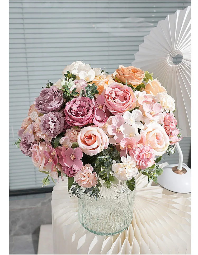 Künstliche Pfingstrose, Hortensien, rosa Rosen, Blumenstrauß, Seidenblumen für Hochzeit, Party, Blumenstrauß, gefälschte Blumenarrangements, Heimdekoration – Detail 16