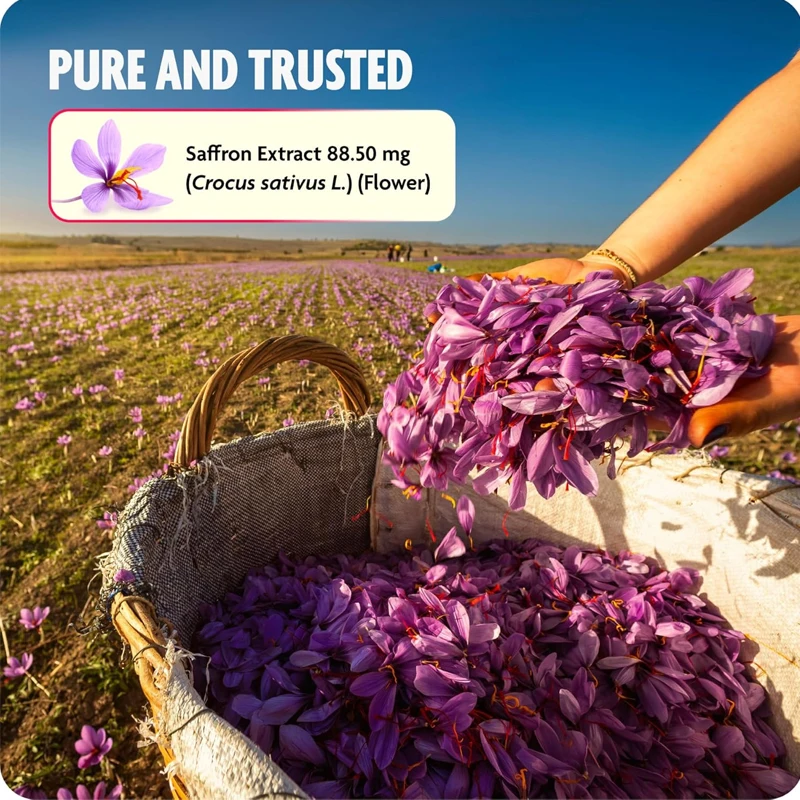 Saffron extract (88.5 milligrams) - enhances energy,enhances mood, and supports the eyes with 60 capsules for both men and women