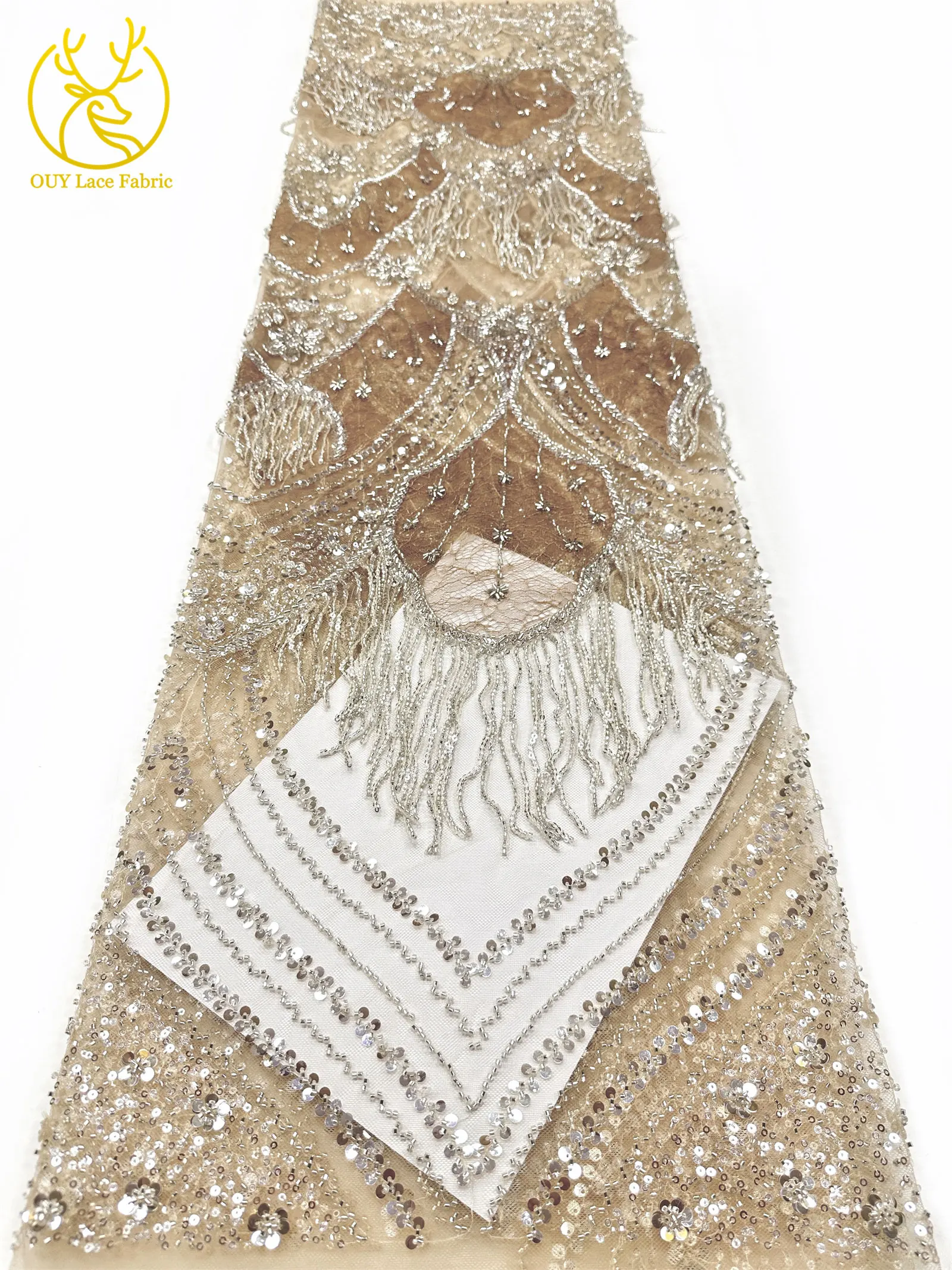 Neues Design 3D Laser Quasten-Perlen-Spitzenstoff Luxuriöser Hochwertiger Afrikanischer Pailletten-Spitzenstoff für Damen-Abendkleider zum Nähen – Detail 16