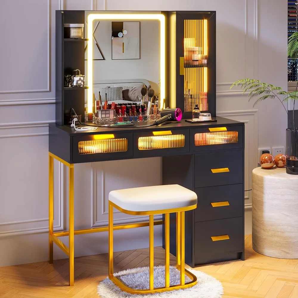 

HNEBC LED Vanity with Lights, Vanity Makeup Desk with Charging Station,Vanities Table with LED Mirror, Dressing Table with 6