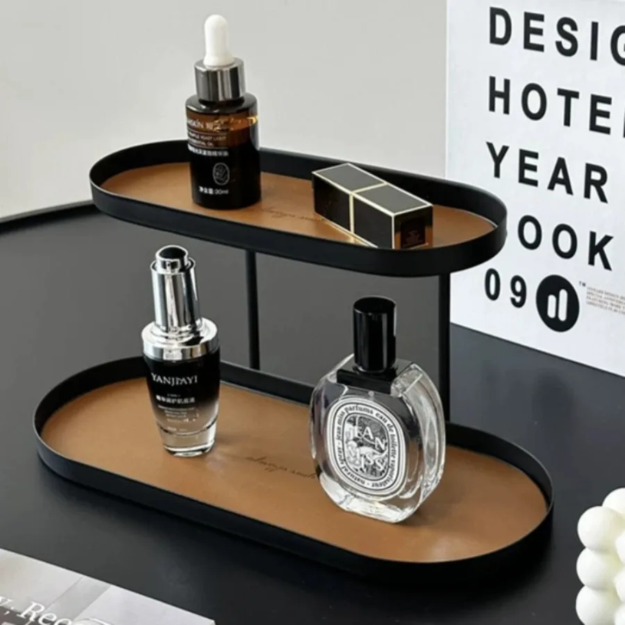 

Wrought Iron Leather Tray Double-layer Storage Cosmetics Shelf Tray Jewelry Entrance Home Accessories Dienblad XY40TP