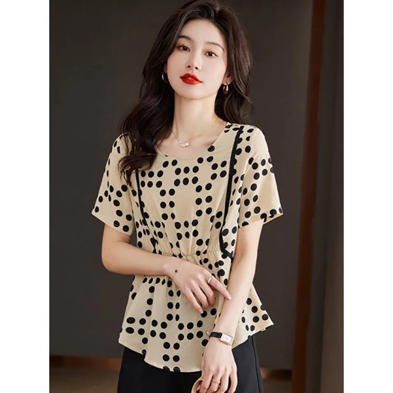 Elegant O-Neck Spliced Folds Polka Dot Chiffon Blouses Women\'s Clothing 2024 Summer New Loose Chic Tops Office Lady Shirts