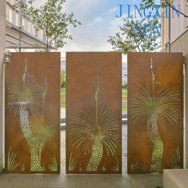 Laser cut rusted metal fence privacy screen decorative garden lattice panels, wooden stakes with garden ornaments