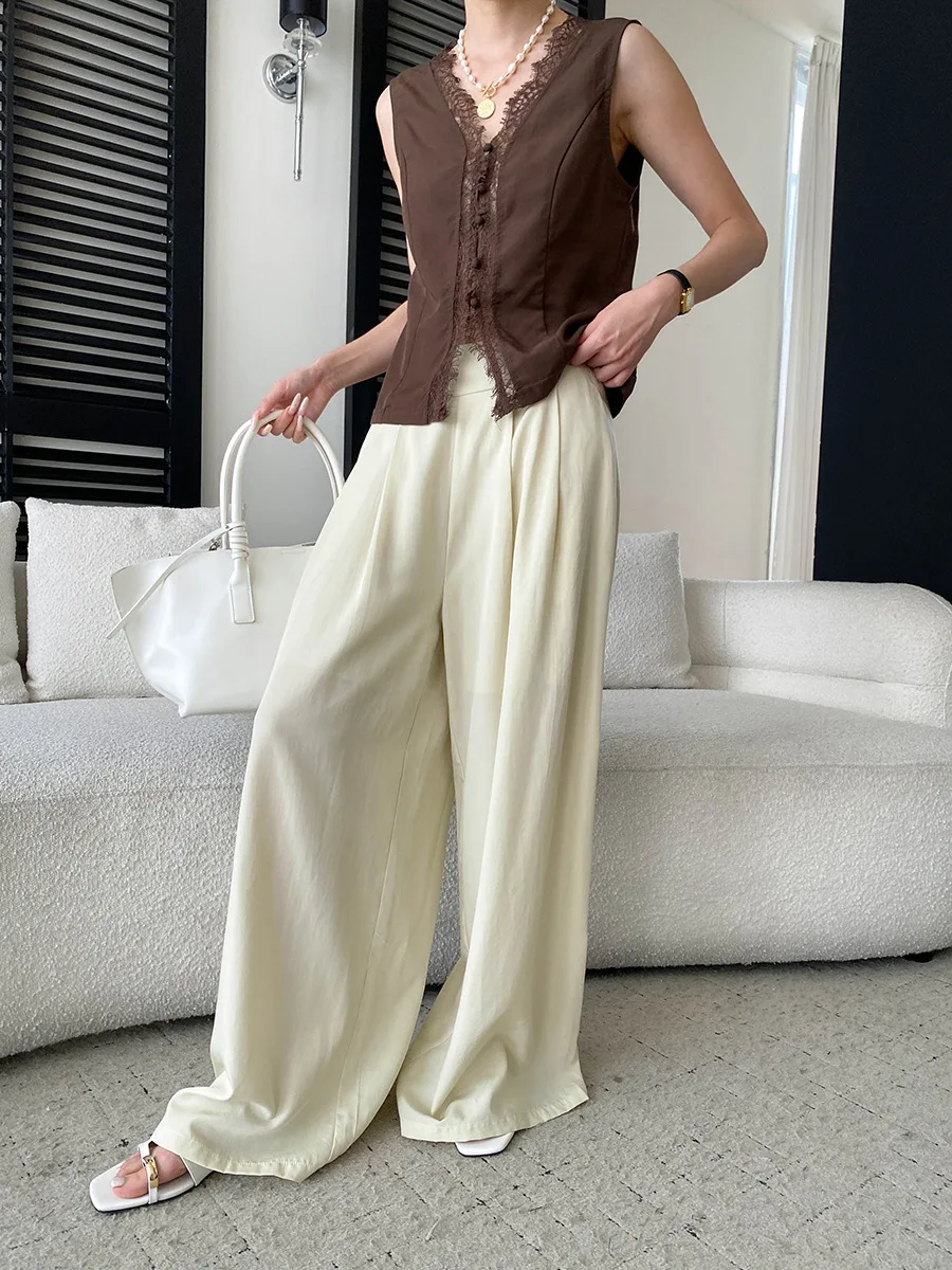 Sommerliche Damen-Freizeithose in Uni-Farbe, halb elastisch, hoher Bund, locker geschnitten, weites Bein – Detail 25