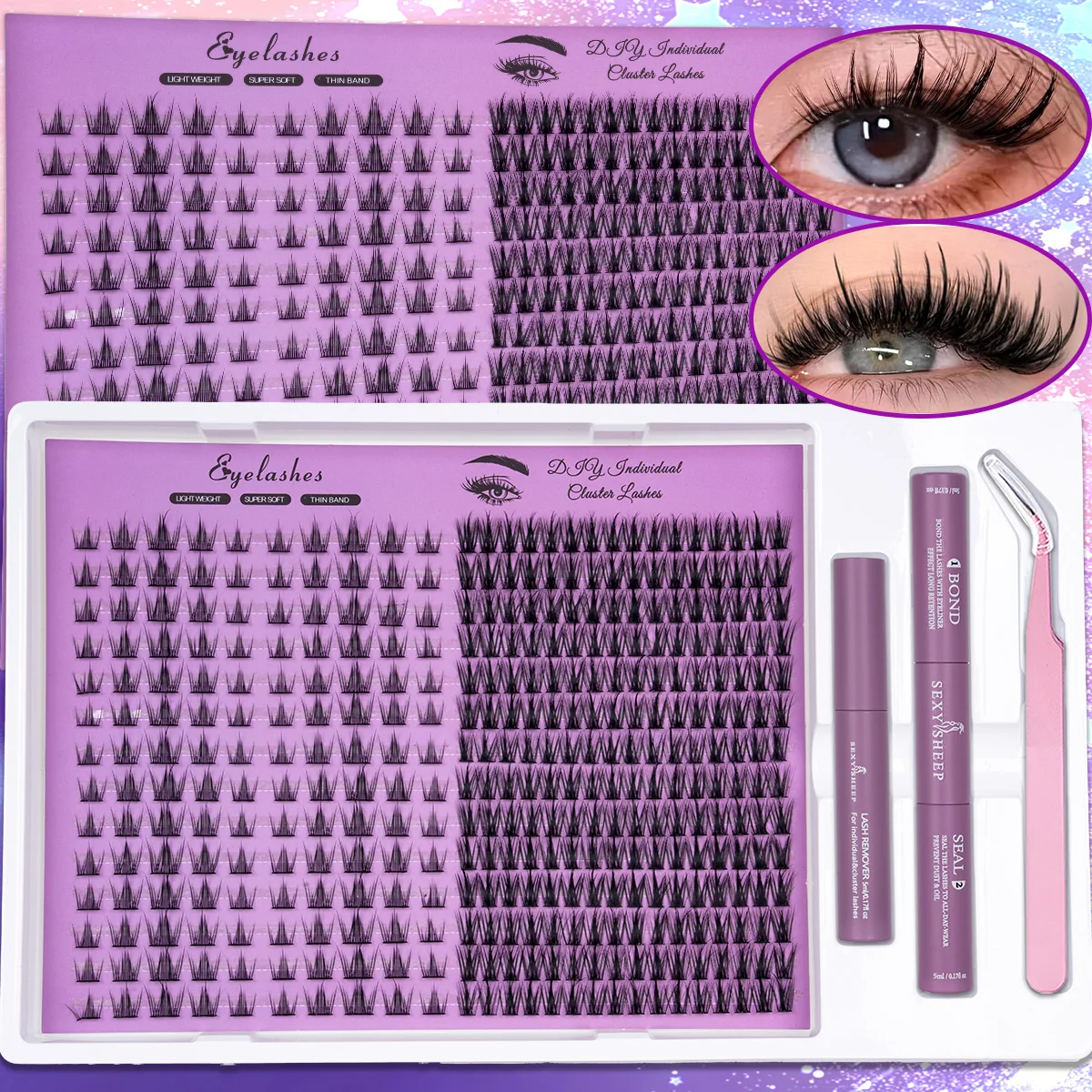 Wimpernbüschel-Set, verschiedene Stile, große Kapazität, Manga-Einzelwimpern-Set mit Kleber, Versiegelung, Entferner, Pinzette, Make-up – Detail 7