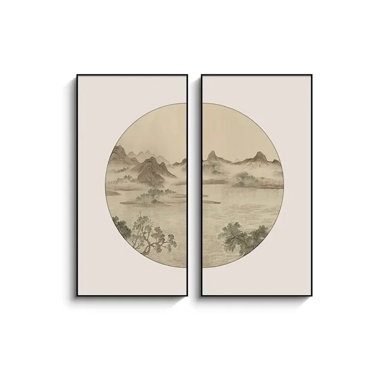 

New Chinese style tea room background wall decorative painting ink painting study landscape Chinese painting living room dining