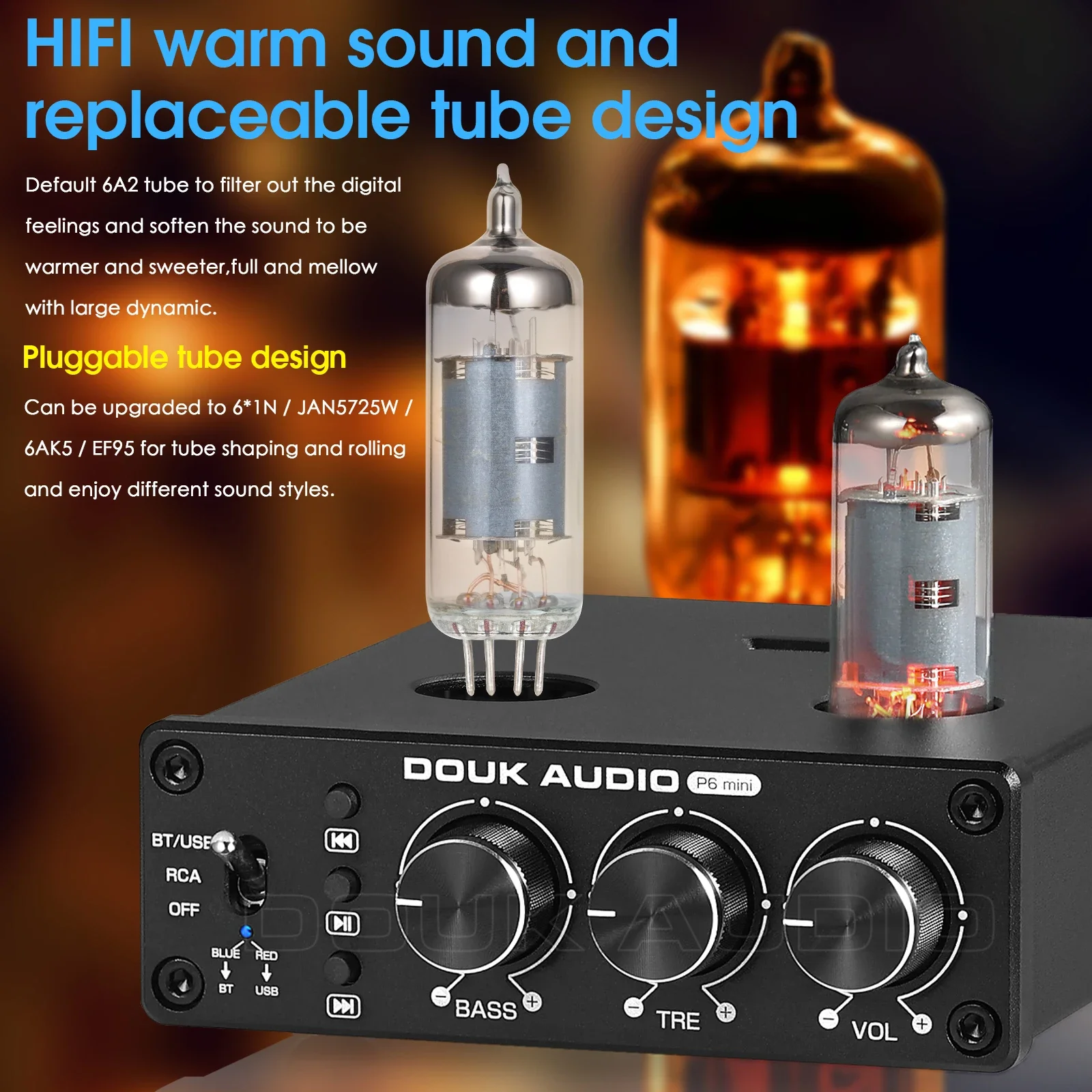 Douk Audio HiFi Bluetooth 5.0 Valve Tube Preamp Stereo Receiver USB Player Home Desktop Pre-amplifier w/Treble Bass Control