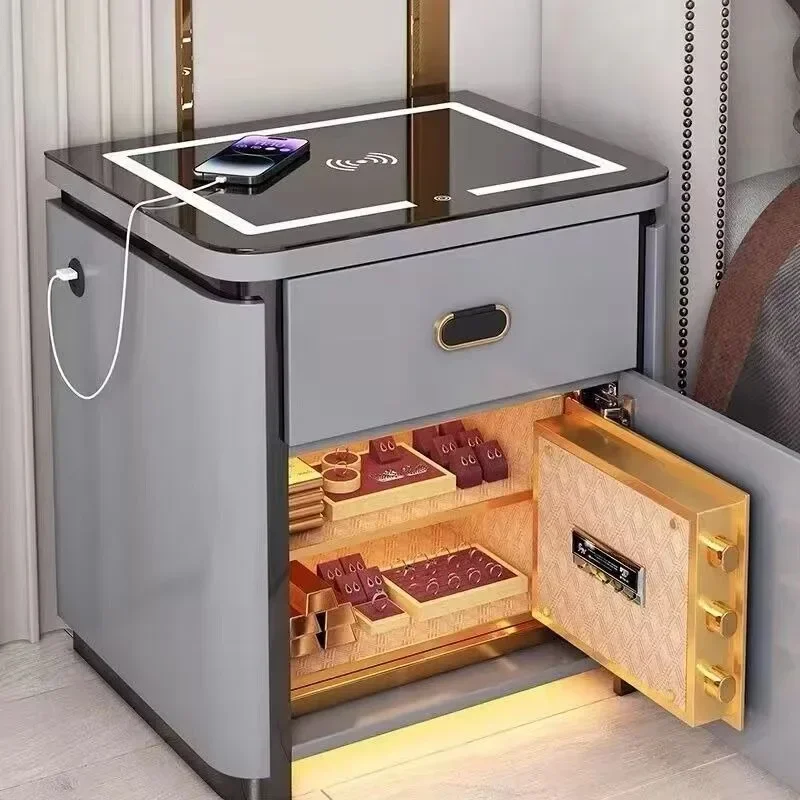 Safe, smart bedside table with insurance wireless charging hidden