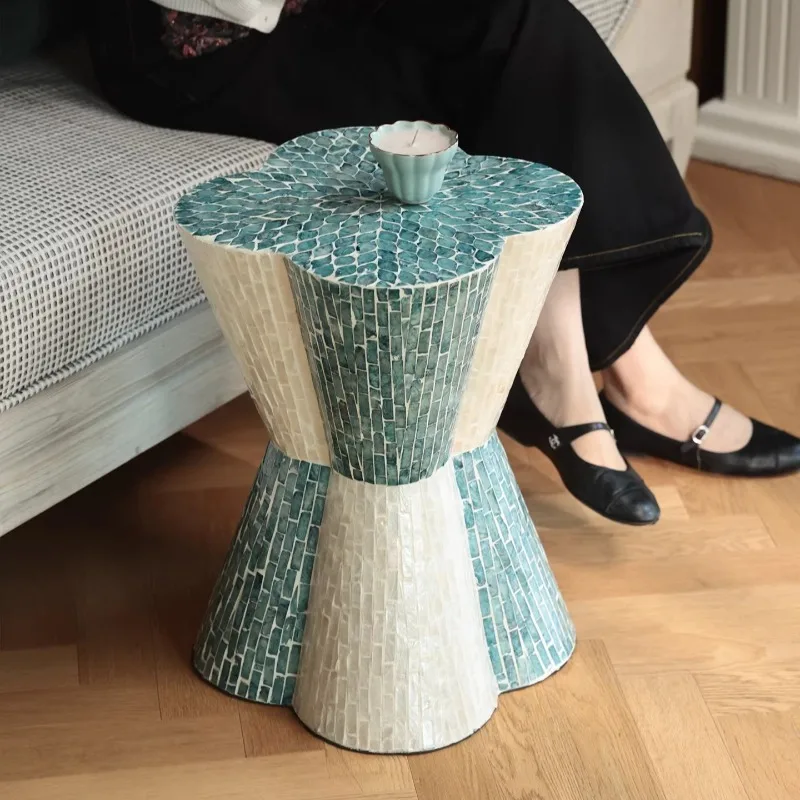 hh-Boho Capiz Mosaic Accent Table with Teal & White Shell Inlay, Scalloped Edge Pedestal Side Table for Living Room^