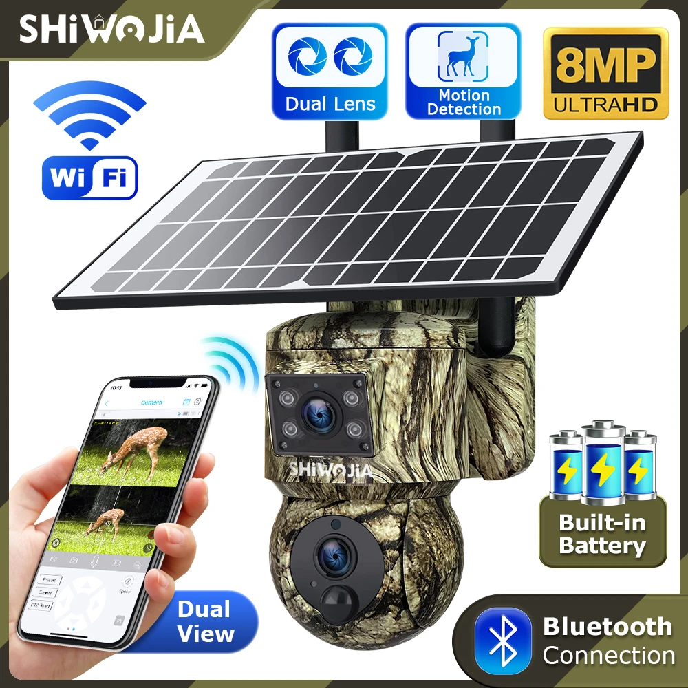 SHIWOJIA 4K 8MP Dual Lens Solar Camera Outdoor 4G SIM/WiFi Security Hunting Animal Camouflage Cameras Motion Tracking PTZ Camera