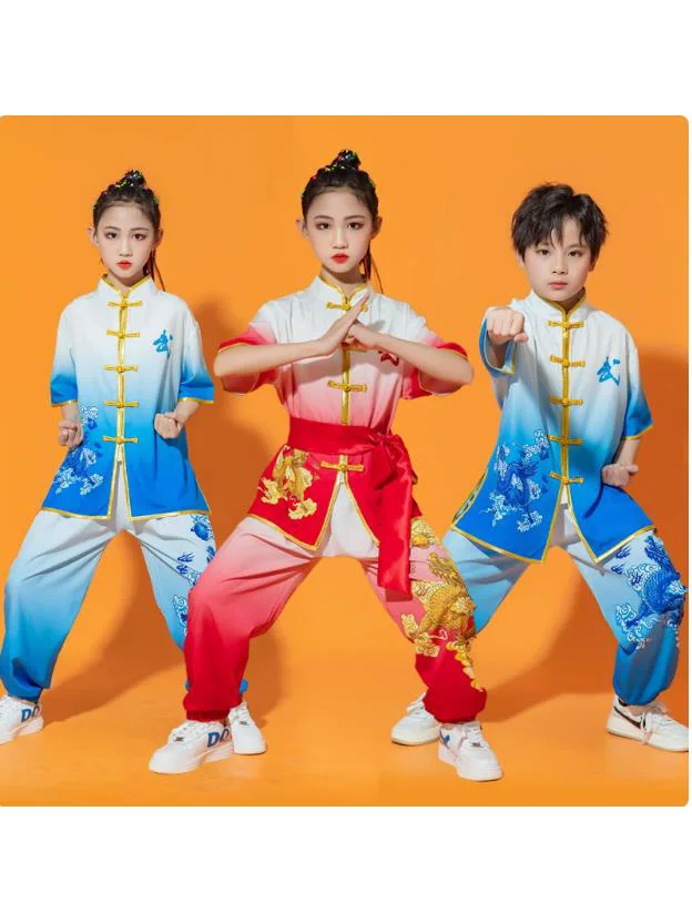 Roupas de artes marciais infantis de duas peças, uniforme de treinamento, estilo chinês, roupas de performance para meninos e meninas