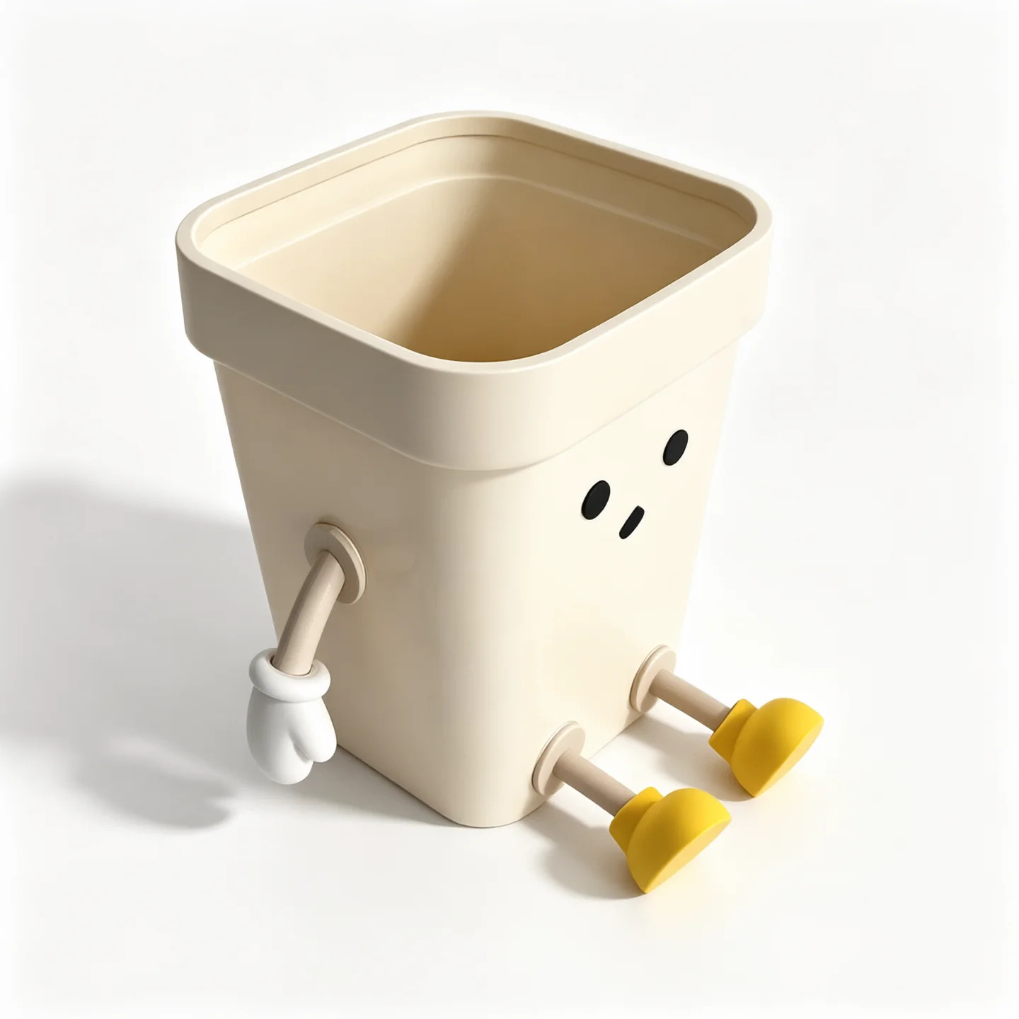 2 Pack 16L Cute Sitting Character Trash Can, Kawaii Square Waste Bin with Movable Arms & Yellow Feet, Cartoon Decor Garbage Bucket for Bedroom, Kitchen & Office