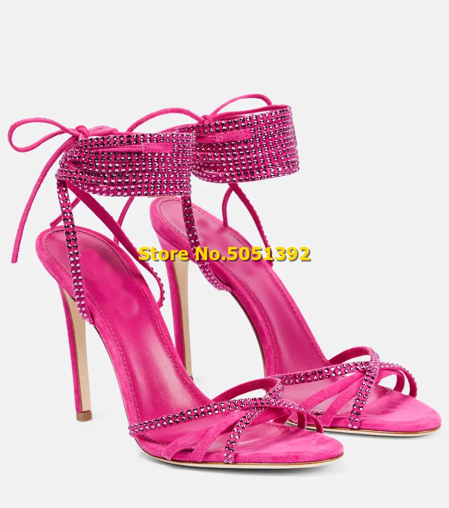 

Crystal-embellished Lace-up Straps Summer Sandals Stiletto Heel Open Toe Rosy Purple Black Fashion Women Shoes Ankle Strap