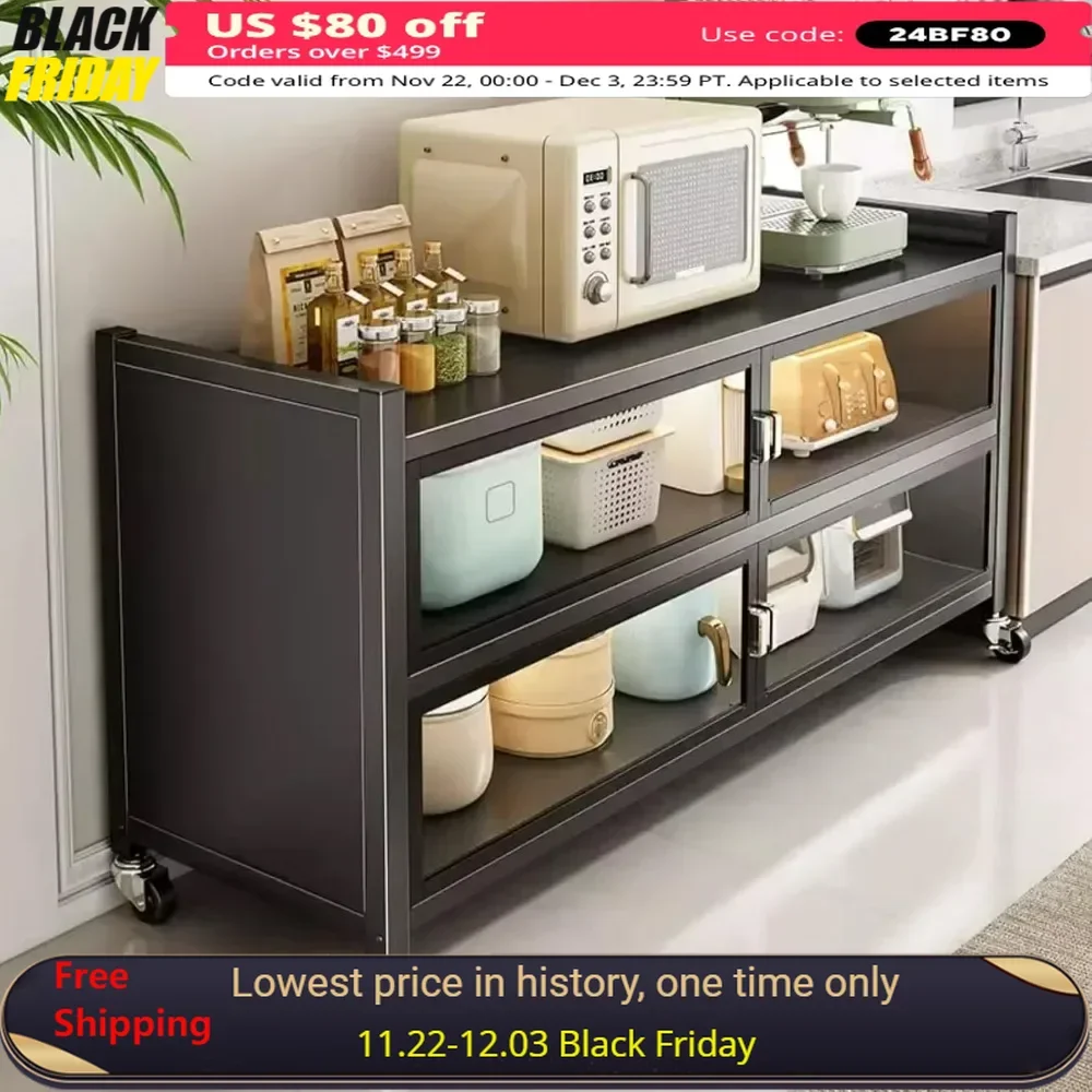 

Kitchen Pantry Cabinet with Wheels Kitchen Cabinet Microwave Stand Pantry Furniture Glass Door