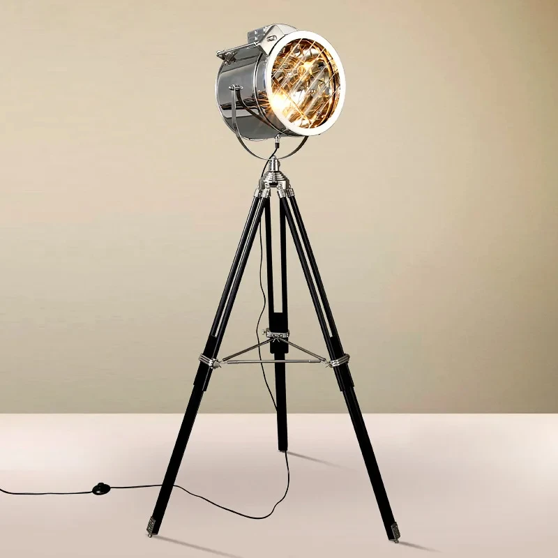 

Nordic American Retro Tripod Floor Lamp Silver Golden Wooden Industrial Searchlight Creative Studio Standing Light CX323BD