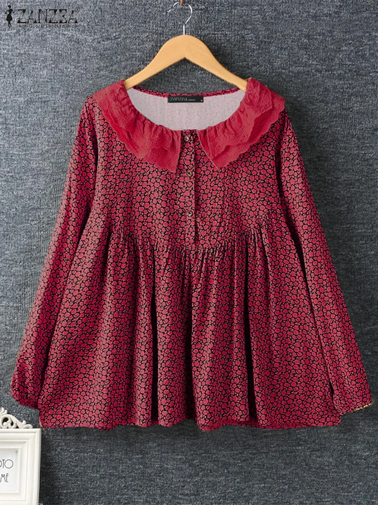ZANZEA الخريف موضة المرأة الكورية الأزهار بلوزة مطبوعة 2025 تكدرت الرقبة قميص عطلة كم طويل بلايز عطلة ضفائر تونك #2