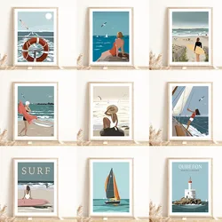 Beach Surfing Girl Lighthouse Sailboat Coast Seagull Posters and Prints Canvas Printing Wall Art Picture for Living Room Decor
