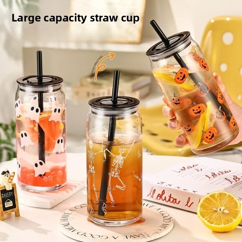 Halloween Creative Cola Cup Soda Lime Glass Drinking Cup with Straw for Spooky Party Home Kitchen Dining Gift