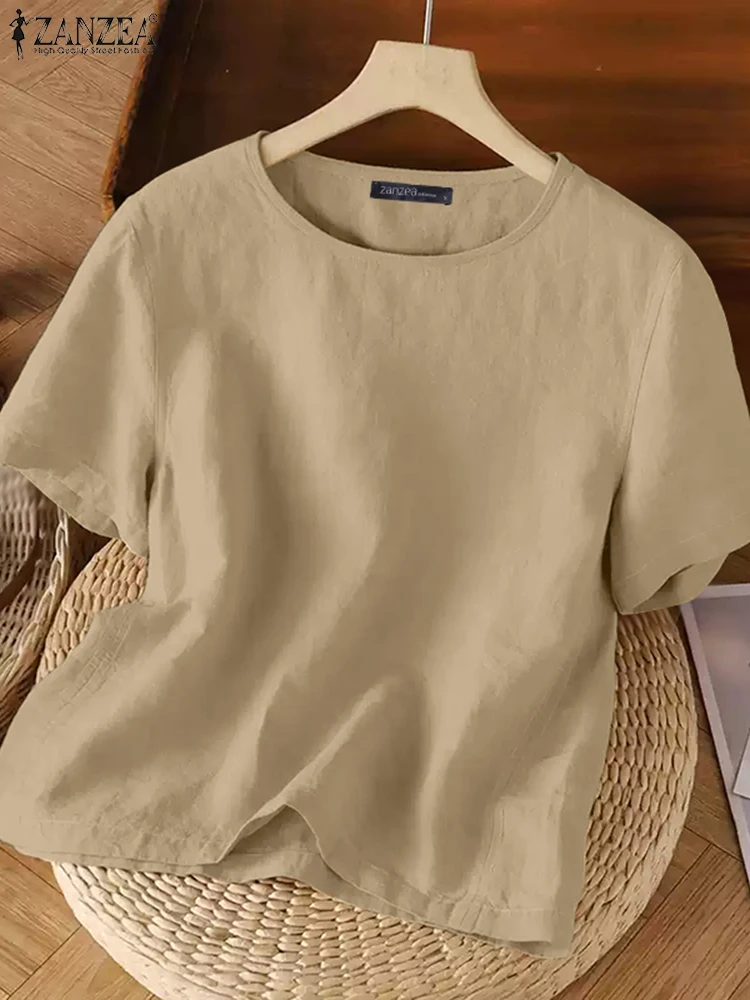 ZANZEA รอบคอผ้าฝ้ายลินิน Basic เสื้อยืดสีทึบแขนสั้นสวมใส่ 2025 ฤดูร้อนเสื้อลําลองสตรี Blusas Mujer
