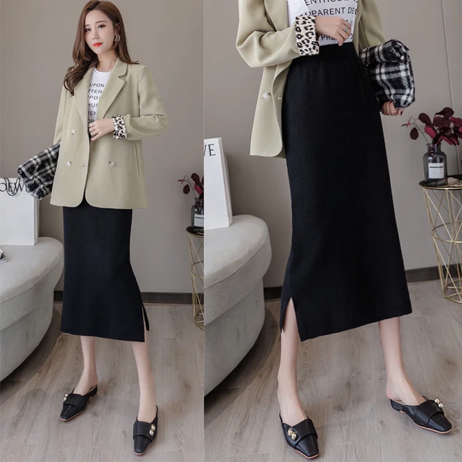 

2021 Autumn Winter Women's Skirt Split Knit Medium Length High Waist A-line Skirt Hip Wrap Skirt Girls Commute 75CM Black