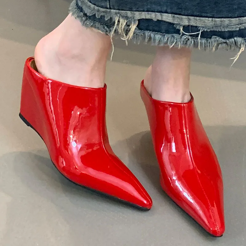 2024 New Fashion Pointed Toe Women Wedges Slippers Shoes Female Slides Wedges Pumps Slippers Shoes For Ladies Mules Red Footwear