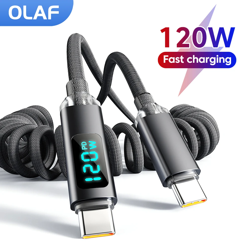 120W Type C To USB C Cable Fast Charging Spring Cable USB Type C For iPhone 15 16 Sumsung Xiaomi Huawei USB C To Type C Cable