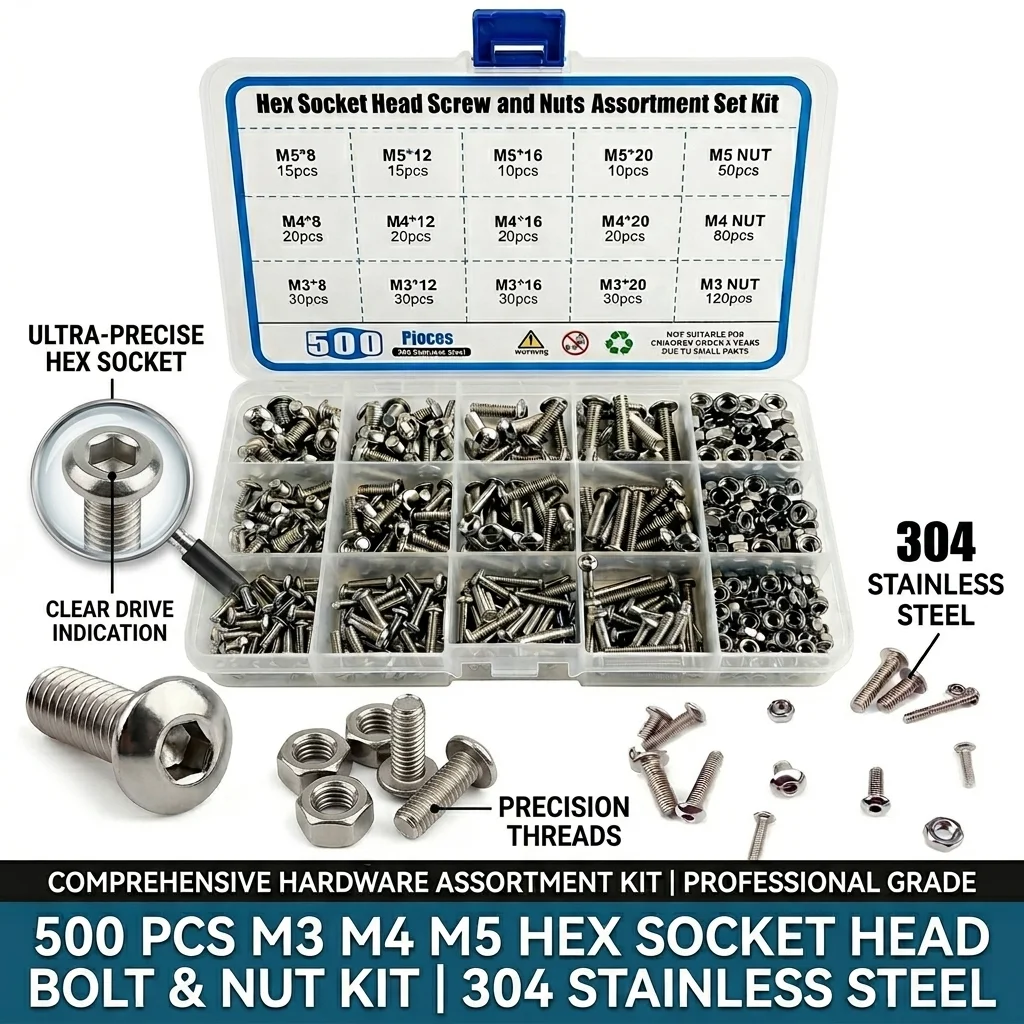 

500PCS 304 Stainless Steel Hex Socket Button Head Screws & Nuts Assortment Kit M3 M4 M5 Metric Thread Bolt Set with Storage Box