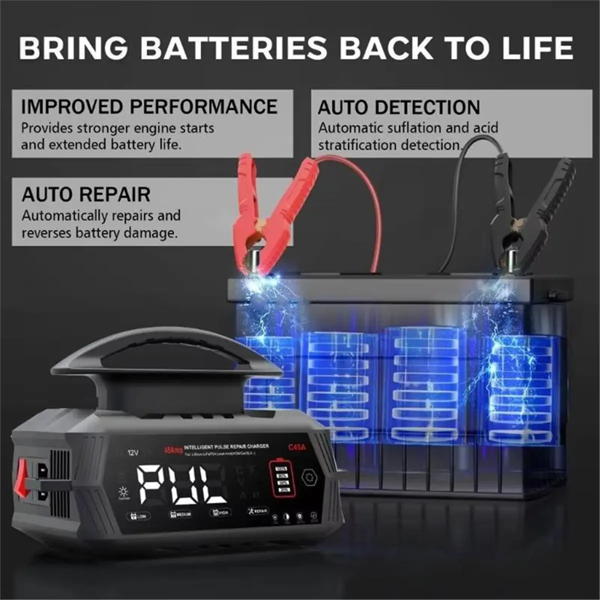 HOT C45A Fast Smart Car Battery Charger 12V 24V Moto 9-Stage Pulse Repair Maintainer LiFePO4 Lead WET RV Battery EU Plug 【SPECIA