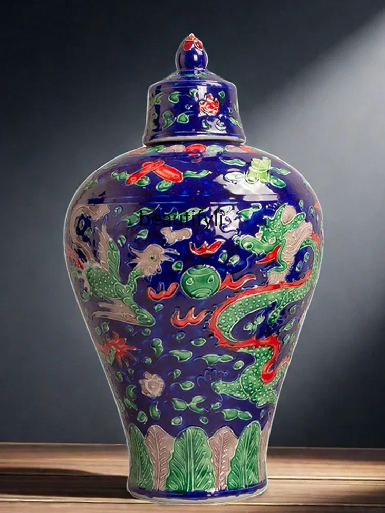 

xzJingdezhen Ceramic Vase New Chinese Opera Beads Temple Jar Home Living Room Entrance Curio Shelf Ornaments