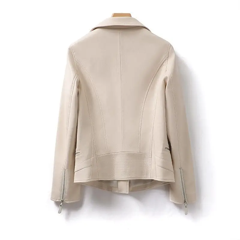 Women's short style lapel collar slim fit pu leather jacket 2026 spring new solid color street motorcycle leather jacket