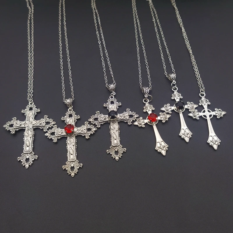 Large Detailed Cross Drill Pendant Jewel Necklace Silver Color Tone Gothic Punk Jewellery Fashion Charm Statement Women Gift(Red