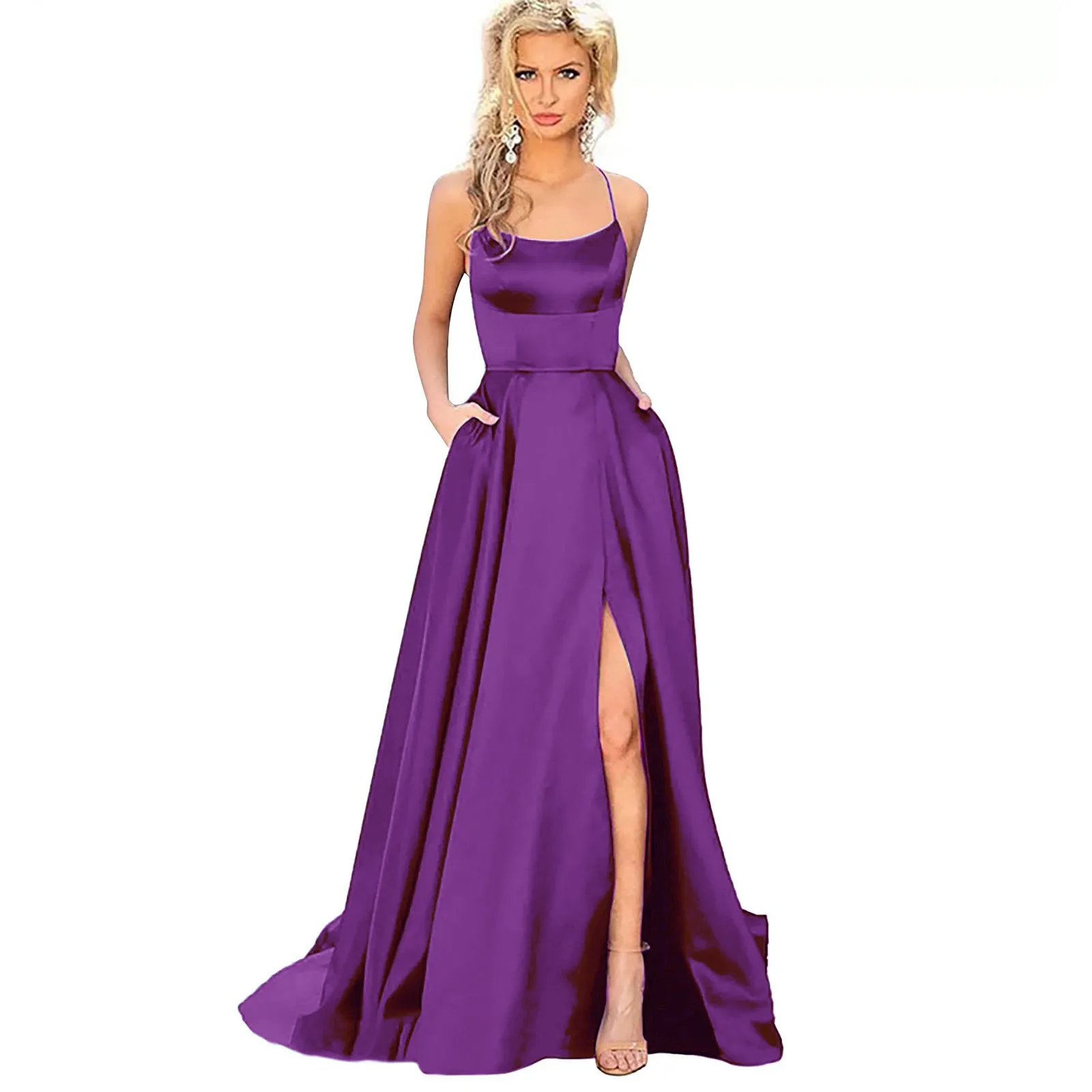 Sexy rücken freie lange Abend Ballkleid lila Seite Slip Maxi kleid Frauen eine Linie Spaghetti träger Satin Ballkleider formelle Vestido