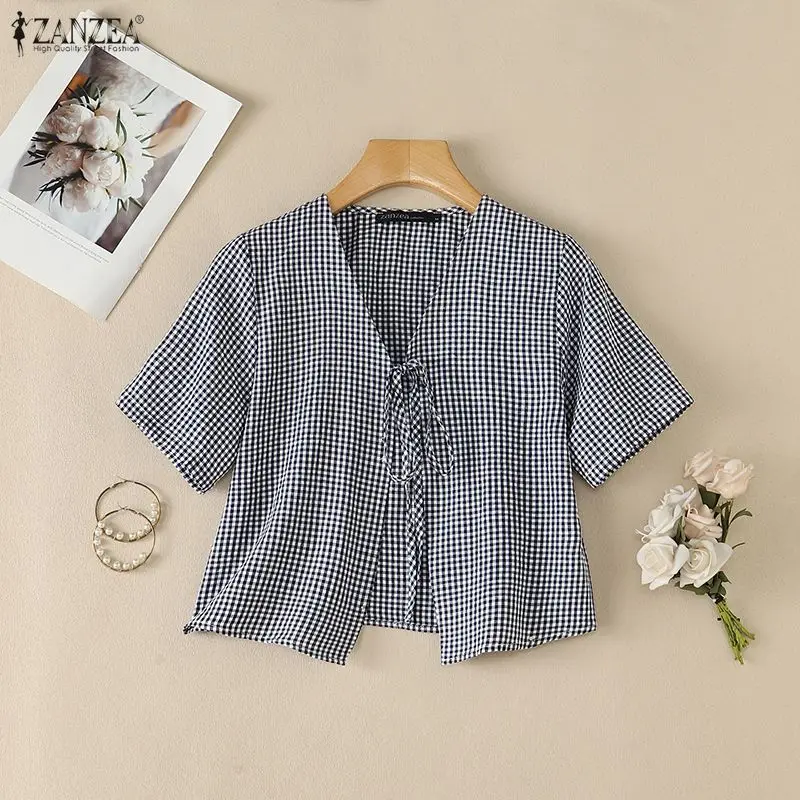 ZANZEA 2026 Women Gingham Tie-Front Cardigans Casual V-Neck Short Sleeve Short Shirts Summer Fashion Dates Daily Wear Tops