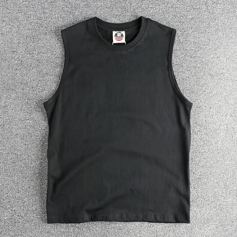 2025 Summer New American Retro Sleeveless O-neck Solid Color T-shirt Men's Fashion 100% Cotton Basketball Sports Casual Vest