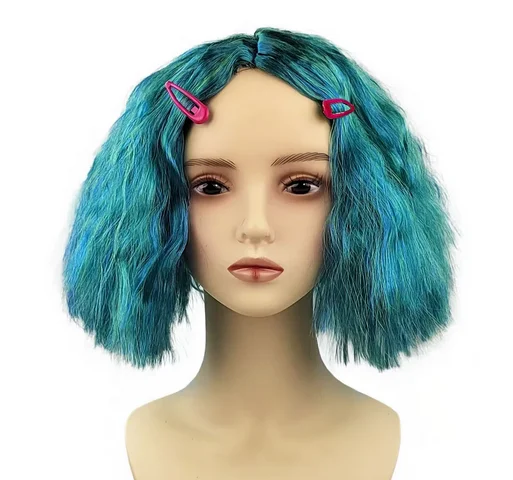 Anime Inside Out 2 Envy Wig Short Blue Curly Heat Hairpiece Masquerade Cosplay Headgear Head Cover with Water Drop Clip