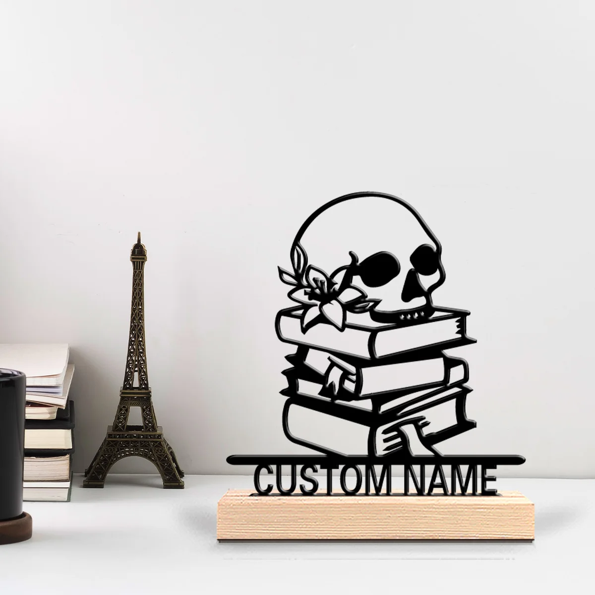 1pc Creative Skeleton Book Custom Letter Metal Statue Iron Ornament Handicraft With Wood Base Iron Ornament Office Desk view 6