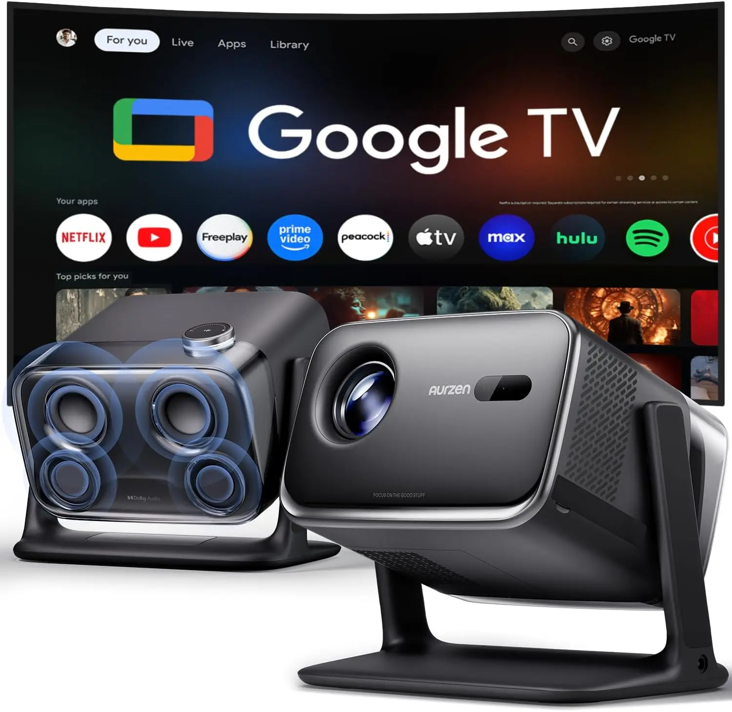 BOOM mini Google TV Smart Projector with WiFi and Bluetooth, Voice Control, Family Mode, 20W Dolby Audio, Real-Time Focus,4K Sup